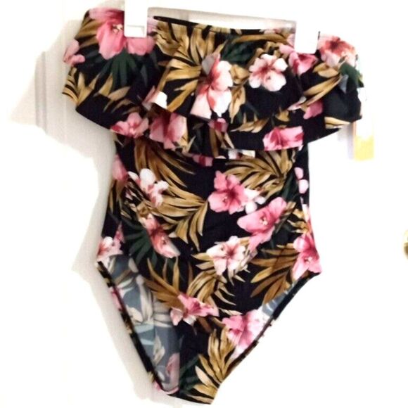 Kona Sol Strapless Double Flounce High Coverage One Piece Swimsuit (Size M) -NEW - Picture 2 of 6